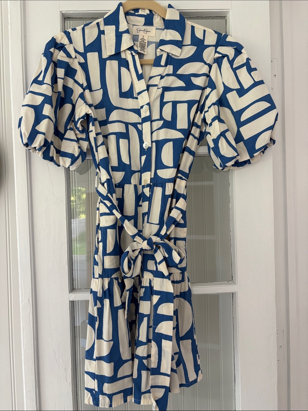 Jessica Simpson Blue & Cream Geometric Puff-Sleeve Shirt Dress